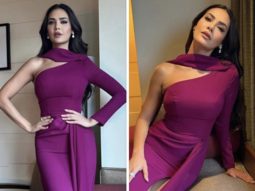 Esha Gupta is simply scintillating in a purple off-the-shoulder gown with a thigh-high slit