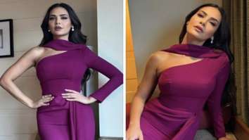 Esha Gupta is simply scintillating in a purple off-the-shoulder gown with a thigh-high slit