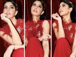 Jacqueline Fernandez channels her glamourous siren side in red saree with feather accents for Cirkus trailer launch