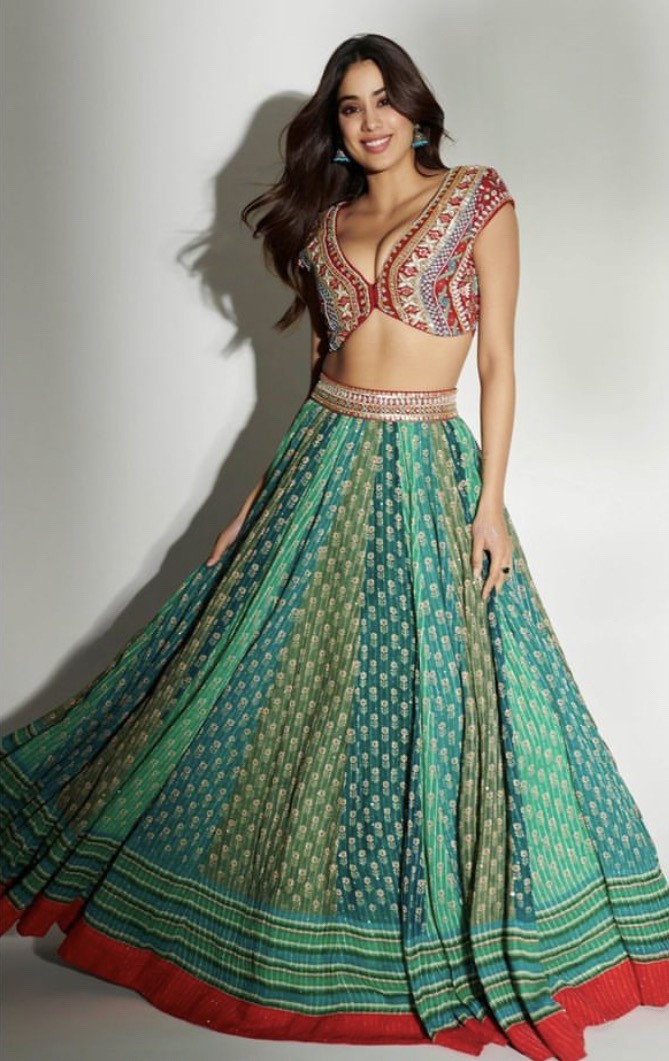 Janhvi Kapoor draws our attention to colour in a green and blue lehenga by Anita Dongre worth Rs. 1.40 lakh