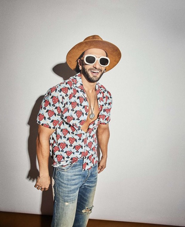 Ranveer Singh plays it cool in a strawberry printed shirt and denim jeans for Cirkus promotions