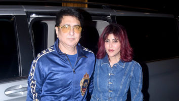 Sajid Nadiadwala twins with wife in blue outfit at the airport
