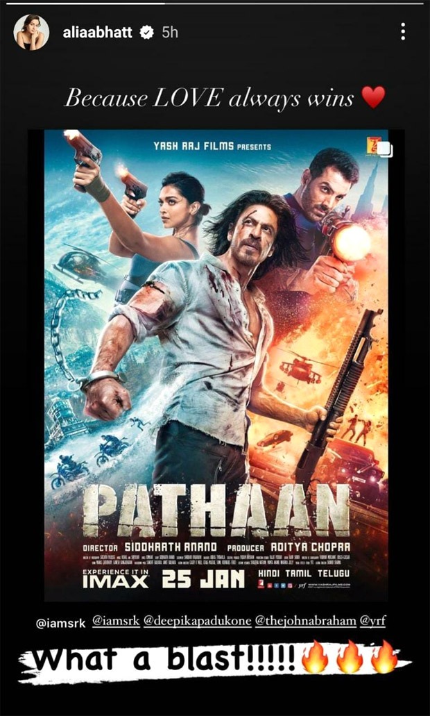 Alia Bhatt reviews Shah Rukh Khan starrer Pathaan: ‘Love always wins”