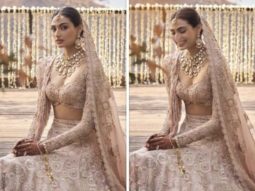 Athiya Shetty makes a vivacious bride in a blush pink lehenga by Anamika Khanna with radiant rose gold makeup