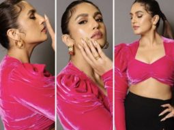 Huma Qureshi in black slit skirt and pink velvet crop top shows us how to sustain an affinity with all things glam