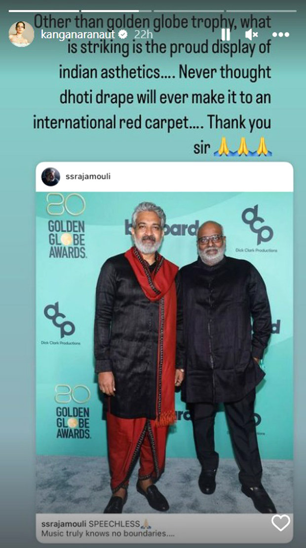 Kangana Ranaut lauds SS Rajamouli for his “striking display of Indian aesthetics” at the Golden Globe Awards