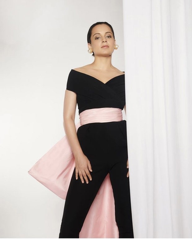 Kangana Ranaut sports a black jumpsuit by Gauri & Nainika with a pink bow belt at the wrap up party of Emergency