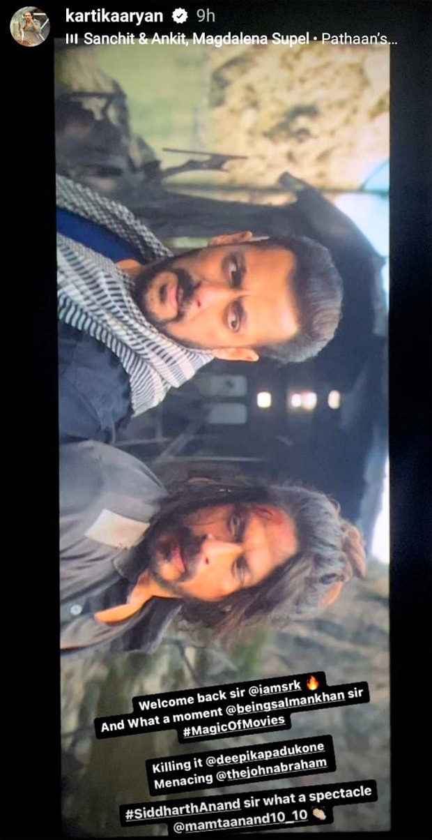 Kartik Aaryan reviews Pathaan; shares photo of Shah Rukh Khan – Salman Khan’s action sequence: ‘Magic of movies’ 