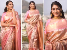 Mrunal Thakur, dressed in a blush pink brocade saree and with gajra in her hair, has our whole attention