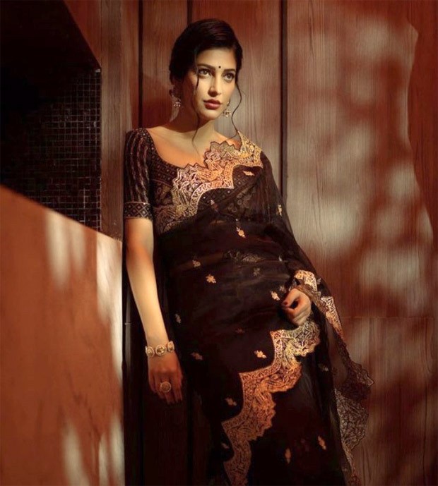 Shruti Haasan channels her desi vibes in a black and golden saree