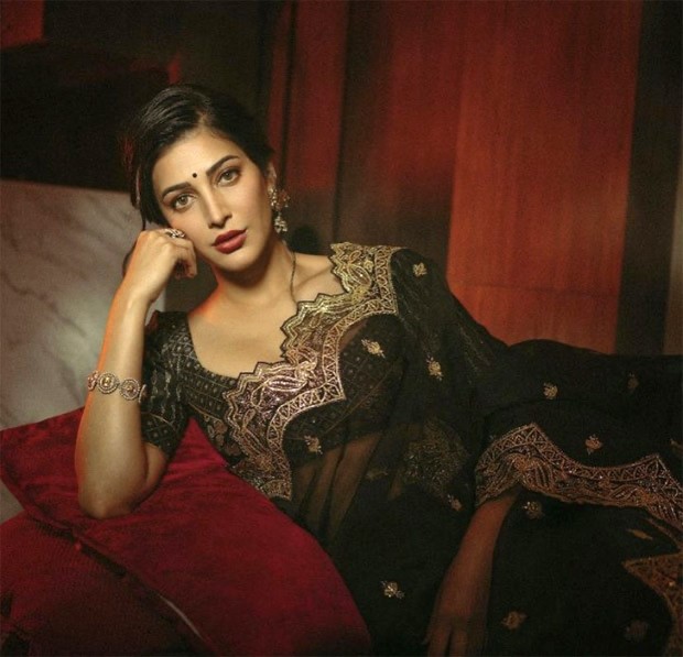 Shruti Haasan channels her desi vibes in a black and golden saree