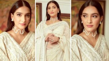 Sonam Kapoor’s white saree by Abu Jani Sandeep Khosla comes with the most exquisite pearl-encrusted drape