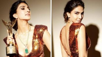 Vaani Kapoor is coated in sequins as she attends an awards ceremony wearing a chain necklace and a shimmering rustic gown