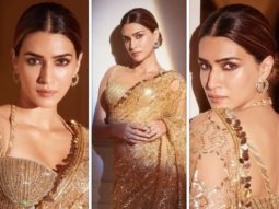 Kriti Sanon turns into the ultimate golden girl at Sidharth and Kiara’s wedding reception wearing a golden sheer saree by Manish Malhotra