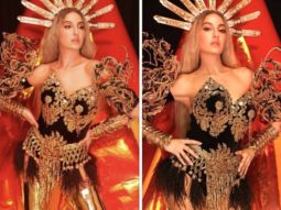 Nora Fatehi is all shine and drama sporting a lavish headpiece with black and gold outfit