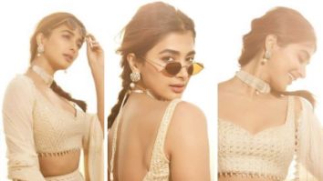 Pooja Hegde looks every bit of an ethnic diva in an ivory sequinned lehenga for her brother’s haldi ceremony