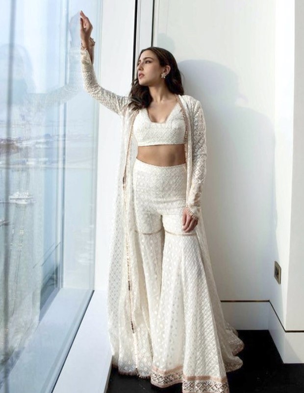 Sara Ali Khan's devotion to stylish ethnic outfits endures, as seen by her most recent photos in a white sharara set by Manish Malhotra