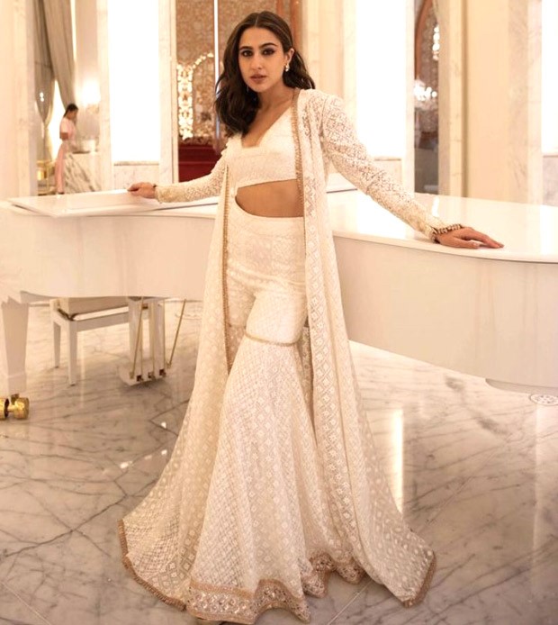 Sara Ali Khan's devotion to stylish ethnic outfits endures, as seen by her most recent photos in a white sharara set by Manish Malhotra