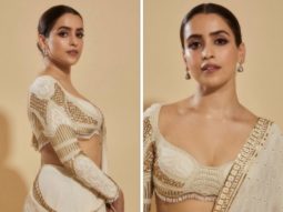 Sanya Malhotra’s ivory and gold saree by Falguni & Shane peacock is refreshing choice for wedding season
