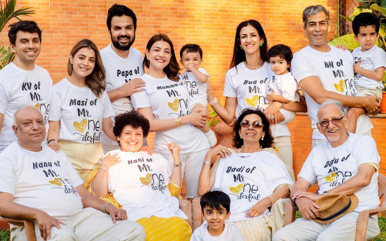 Kajal Aggarwal poses with ‘La Familia’ in matching tees as she rings in her son Neil’s first birthday