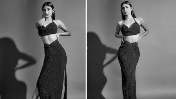 Mouni Roy gets us in the party mood in her shimmer black halter neck top and slit skirt