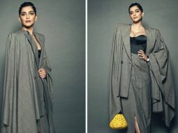 Sonam Kapoor bewitches in a grey skirt suit and corset with a pop of colour with yellow Louis Vuitton bag