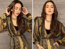 The shimmering set worn by Rakul Preet Singh, which consists of a top and shorts covered in sequins, is our pick for a party look