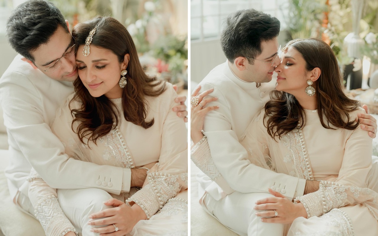 FIRST PHOTOS! Parineeti Chopra and Raghav Chadha look resplendent in white as they get engaged in Delhi : Bollywood News