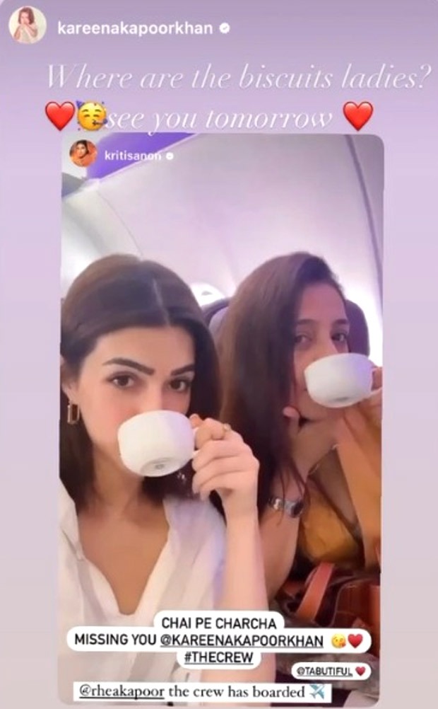 Kriti Sanon and Tabu bond over chai as they take for The Crew shoot; have a fun banter with Kareena Kapoor Khan 