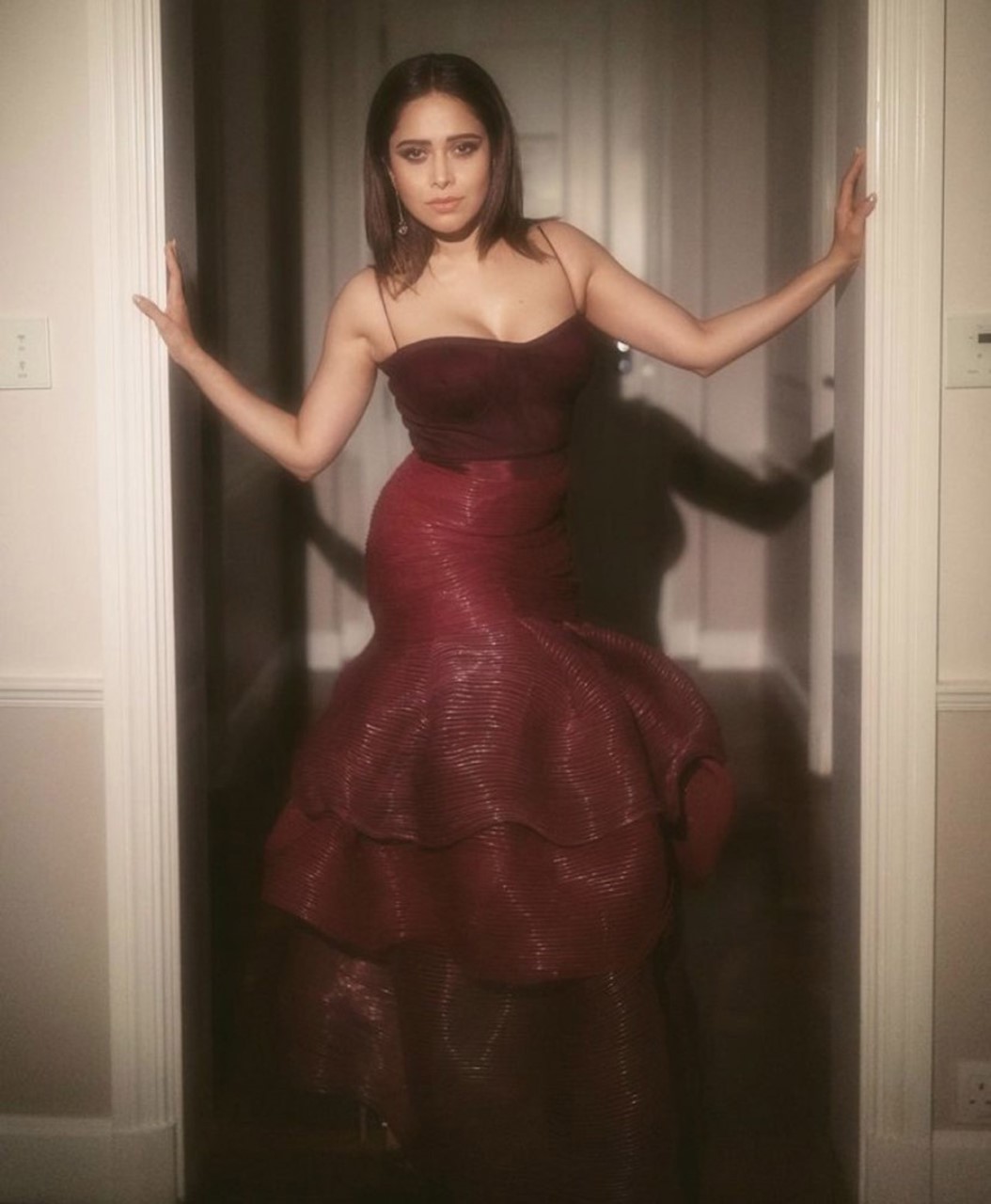 Nushrratt Bharuccha sets the style bar high in Geisha Designs' maroon ruffled gown