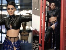 Radhika Madan unleashes her bold and beautiful avatar in black leather crop top and blue thigh high slit skirt designed by Neeta Lulla