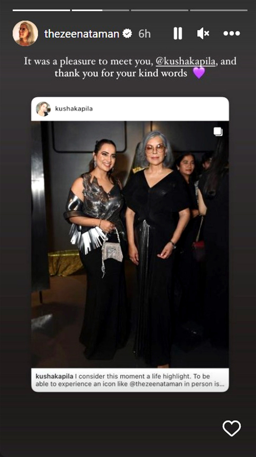 Zeenat Aman reacts to influencer Kusha Kapila's rave review after meeting at Amit Aggarwal's fashion event