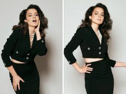 Kangana Ranaut ups the cool factor of a cropped black jacket and skirt with side of pearls