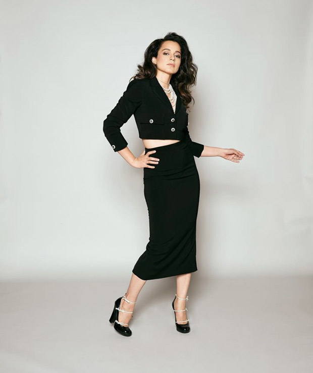 Kangana Ranaut ups the cool factor of a cropped black jacket and skirt with side of pearls