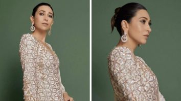 Karisma Kapoor is a vision of ethereal beauty in a white Manish Malhotra lehenga, adorned with a long jacket