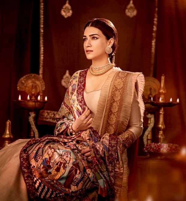Kriti Sanon exudes ethnic diva royalty vibes in a stunning beige anarkali ensemble capped with a shawl drawn from the Ramayana