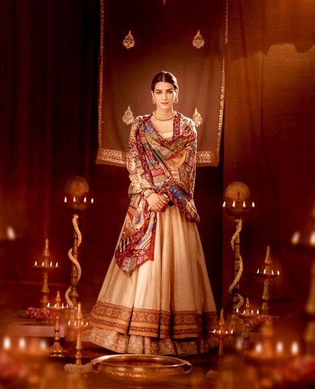 Kriti Sanon exudes ethnic diva royalty vibes in a stunning beige anarkali ensemble capped with a shawl drawn from the Ramayana