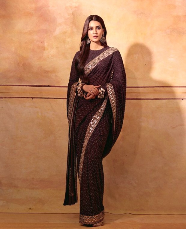 Kriti Sanon radiates elegance and enigma in brown saree by Arpita Mehta at the Adipurush final trailer launch event