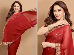 Madhuri Dixit is a picture of elegance in red and gold saree by Arpita Mehta