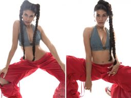Jacqueline Fernandez goes street style chic in Rs.65K Prada Denim Bralette and red trousers