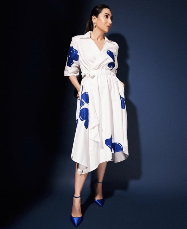 Karisma Kapoor's white and blue midi dress from Lovebirds Studio exudes a relaxed summery mood