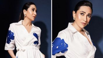 Karisma Kapoor’s white and blue midi dress from Lovebirds Studio exudes a relaxed summery mood