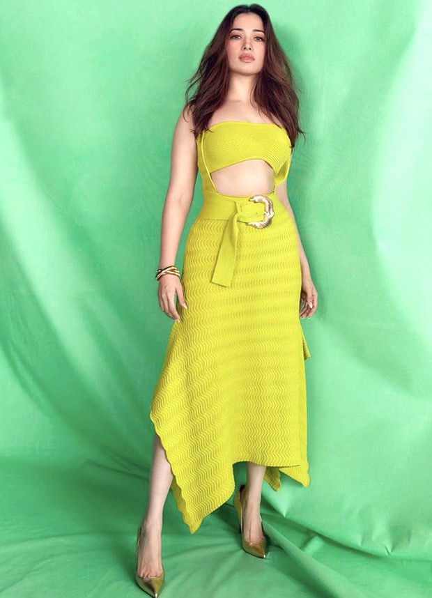 Tamannaah Bhatia is a summertime beauty wearing a lime green cut-out dress by Cult Gaia that costs Rs. 52,300