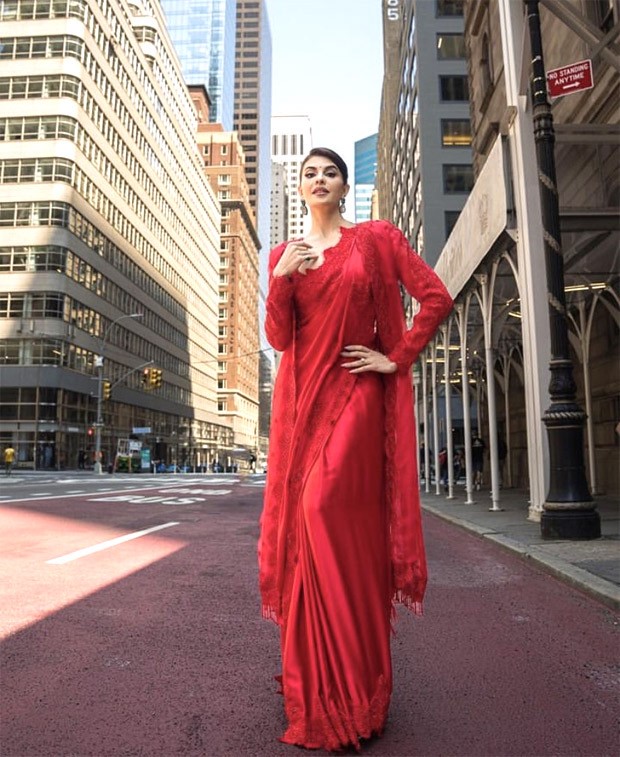 Jacqueline Fernandez attends the Independence Day parade in New York looking as ethereal as possible in a stunning red organza saree