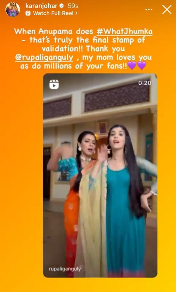 Karan Johar REACTS to Anupama star Rupali Ganguly dancing to 'What Jhumka'; calls it "The final stamp of validation"