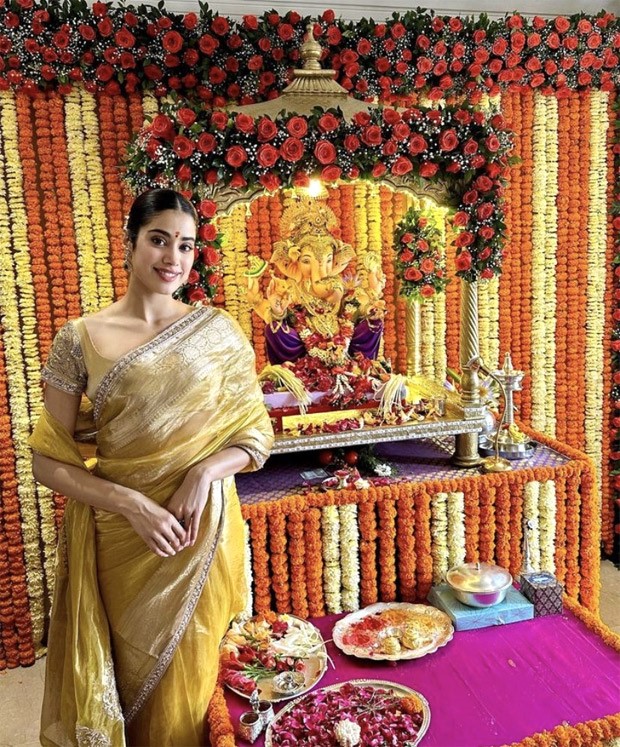 Janhvi Kapoor is a sight of sheer ethnic bliss in a golden saree as she graces Manish Malhotra's Ganesh Chaturthi Celebrations