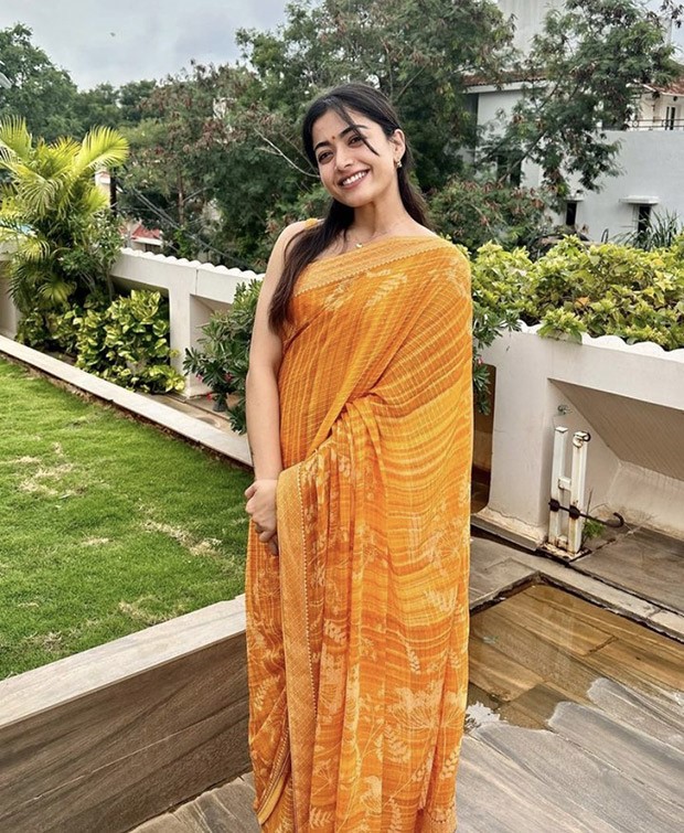 Rashmika Mandanna makes wedding guest look bright in yellow Anita Dongre saree