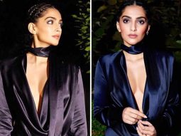 Sonam Kapoor Ahuja graces the Hugo Boss fashion show in a mid-night blue gown adorned with an elegant cowl neck, accompanied by a perfectly coordinated matching scarf