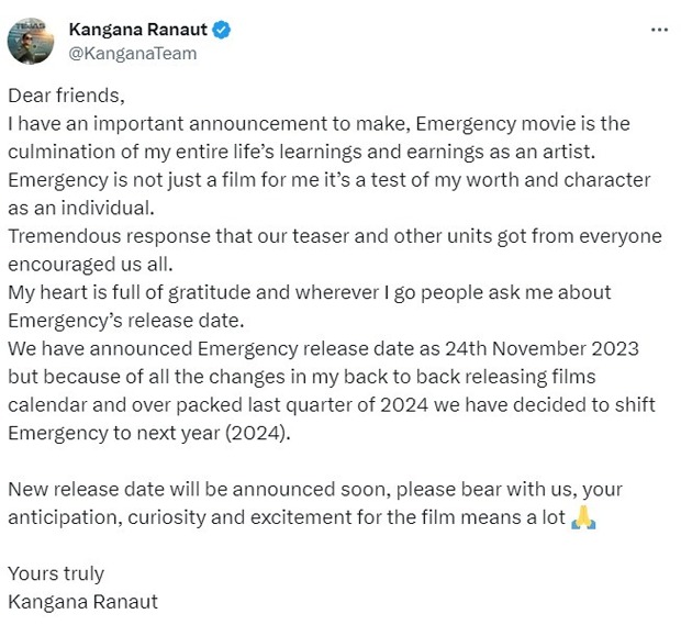 Kangana Ranaut starrer Emergency release DELAYED; new date to be announced soon