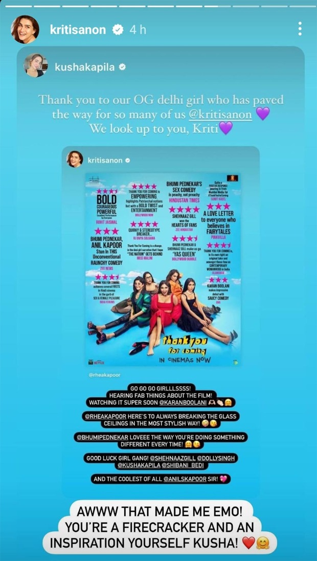 Kriti Sanon raves about Thank You For Coming Bhumi Pednekar, love the way you're doing something different every time